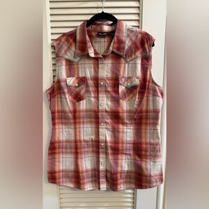 Cowgirl Wrangler Retro Peach

and White Plaid Sleeveless Shirt size XL